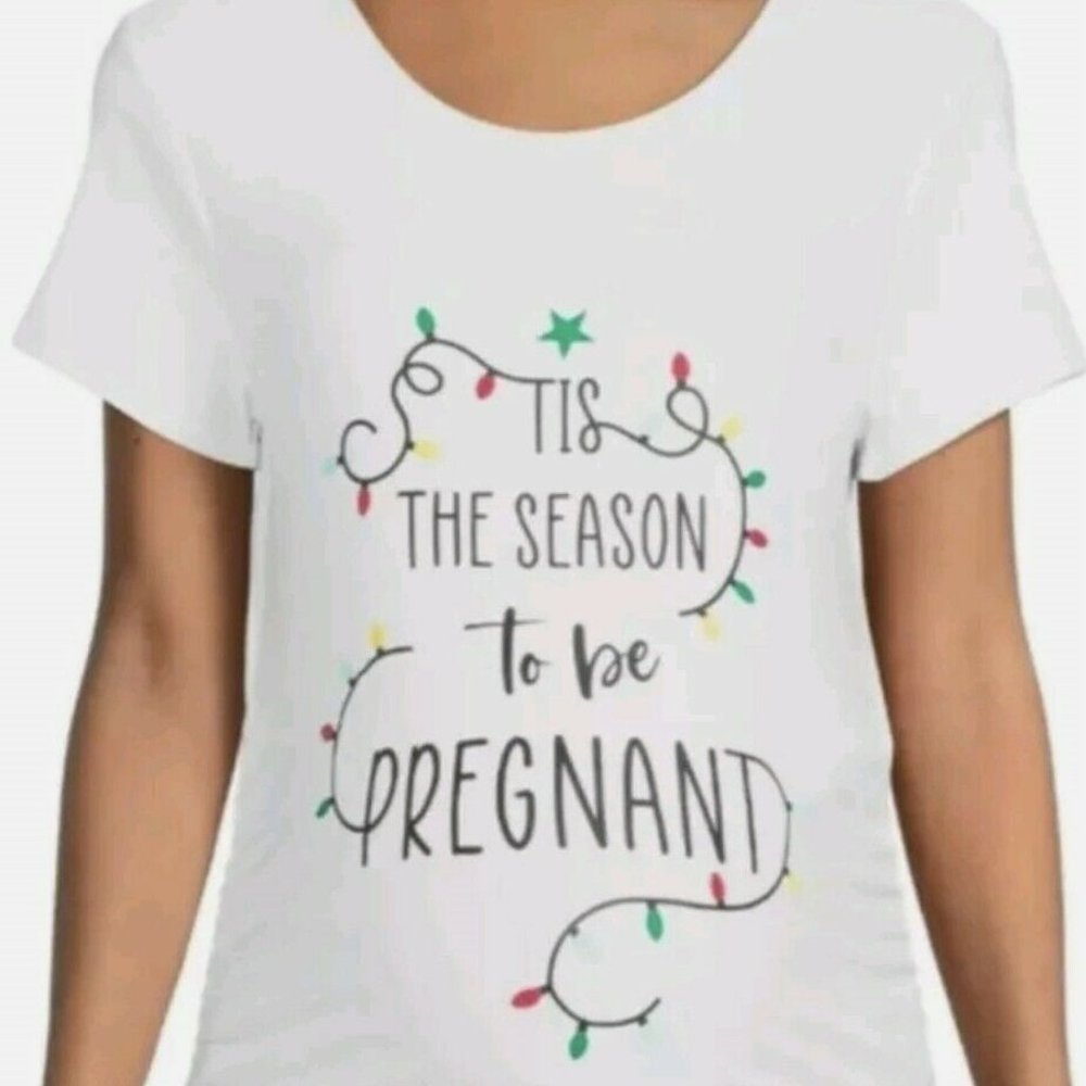 NWT "Tis The Season To Be Pregnant" Womens Maternity Ruched White Graphic TShirt
